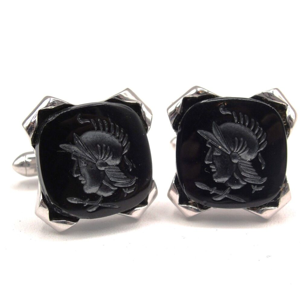 Vintage Swank Roman Centurion Cufflinks Black Glass Intaglio Soldier Warrior MCM